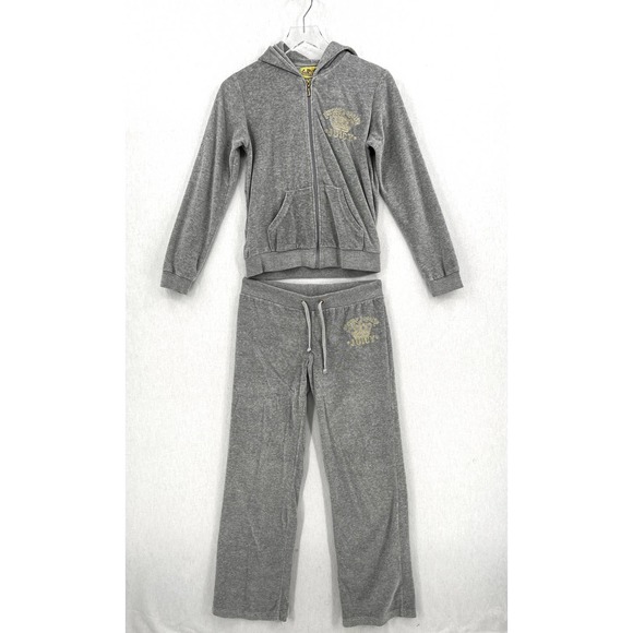 Juicy Couture Pants - JUICY COUTURE Vintage Y2K Velour Track Suit Womens X Large Gray Gold Embroidered